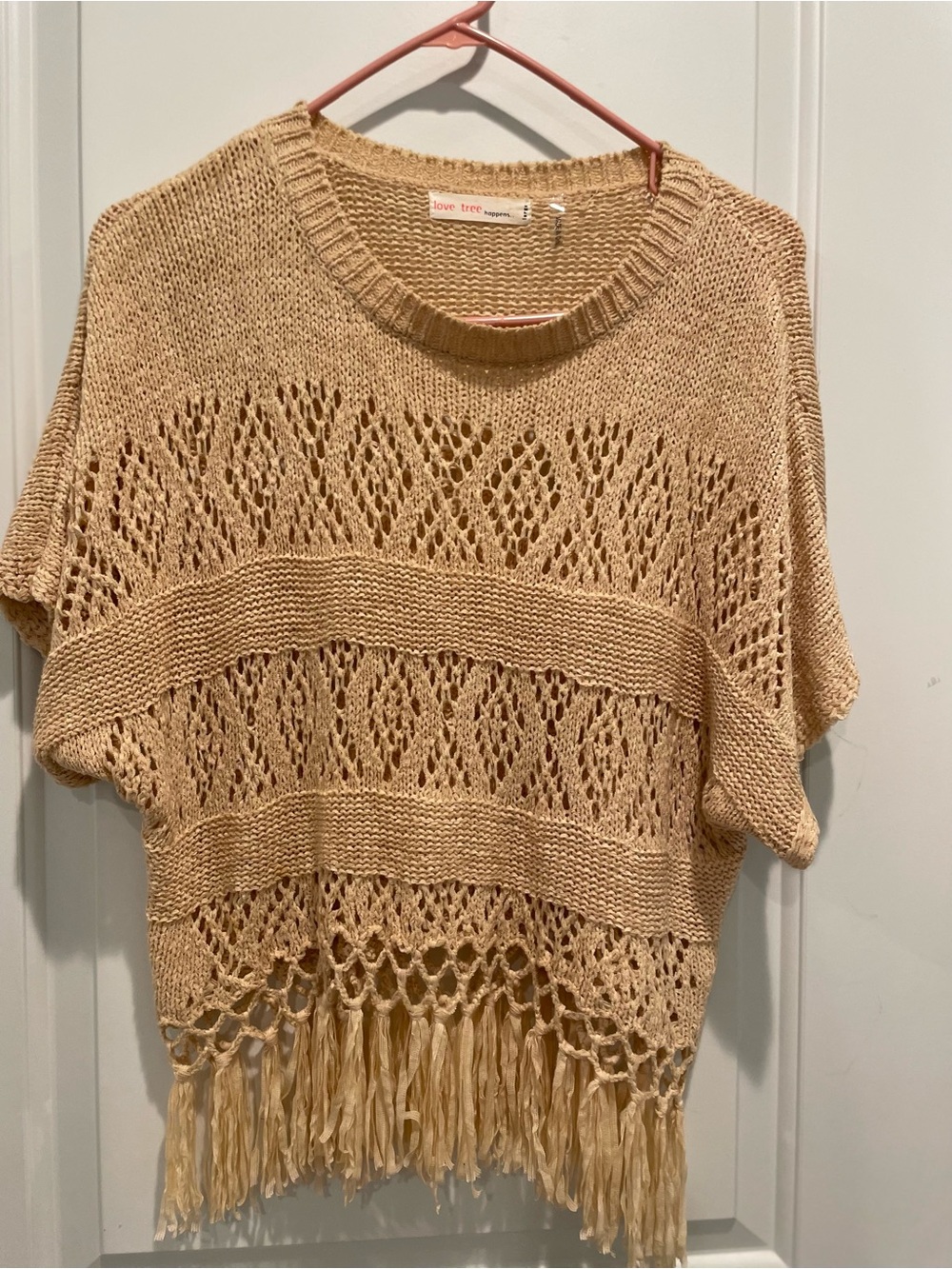 Love Tree Tan Crochet Fringe Short-Sleeve Sweater